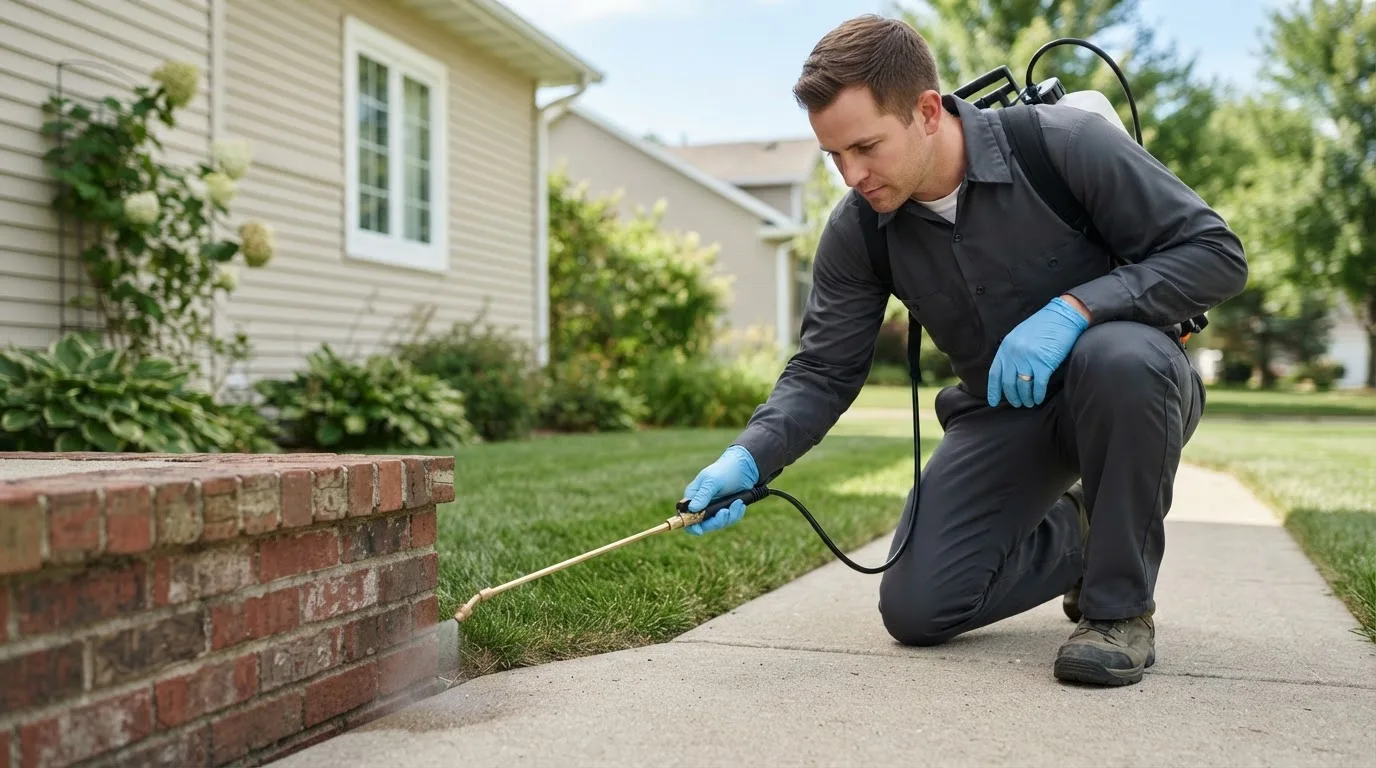 Pest control technician treating a home near Middle River, MN